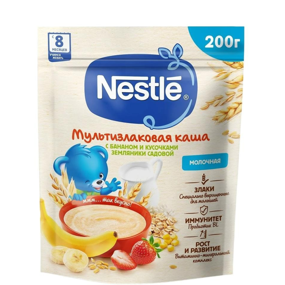 Uşaq qidası Nestle sıyıq südlü banan və çiyələk parçaları ilə 8ay