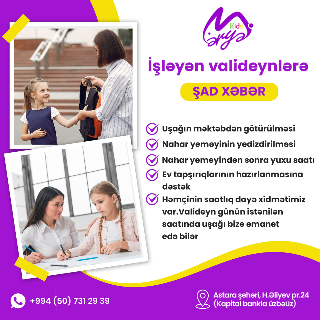 İşləyən valideynlərə şad xəbər, Məryəm Kids Uşaq İnkişaf Mərkəzi İşləyən valideynlərə şad xəbər, Məryəm Kids Uşaq İnkişaf Mərkəzi