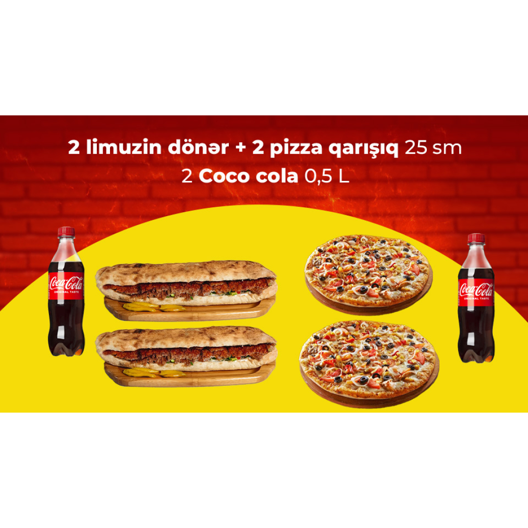 2 Limuzin dönər + 2  Pizza qarışıq (25 sm) + 2 Cola 0.5 l