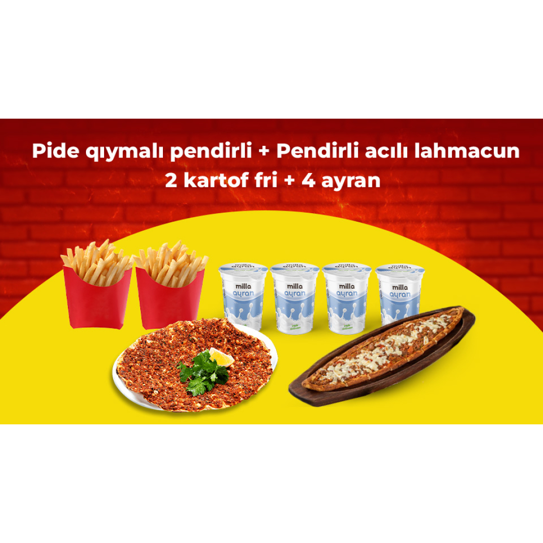 Pide qıymalı pendirli + Pendirli acılı lahmacun + 2 Kartof fri + 4 Ayran