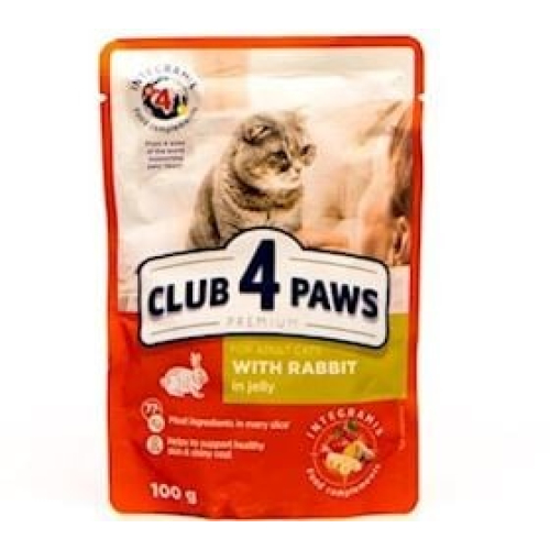 Sulu yem Club 4 Paws yetkin pişiklər üçün, dovşan əti ilə jeledə, 100 q