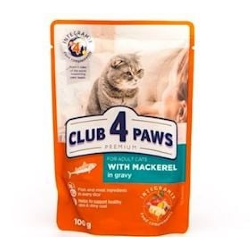 Sulu konserv yem Club 4 Paws yetkin pişiklər üçün, sousda skumbriya ilə, 100 q