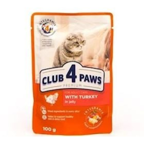 Sulu yem Club 4 Paws yetkin pişiklər üçün, hindquşu və tərəvəzlər ilə raqu, 100 q