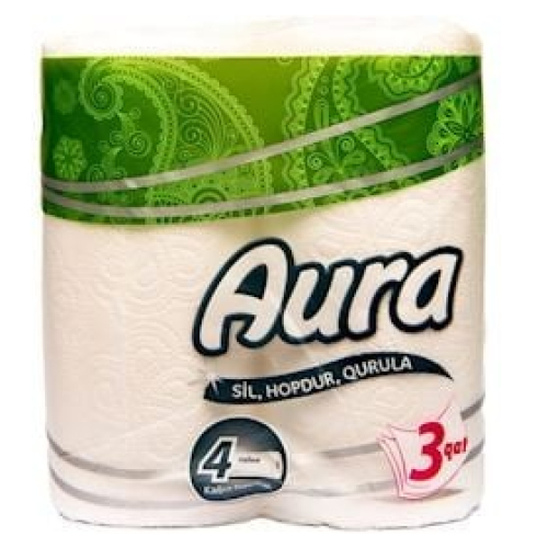 Mətbəx üçün kağız dəsmal Aura, 4 rulon, 3 qatlı, ağ