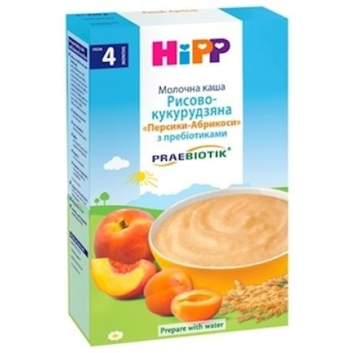 Sıyıq düyü-qarğıdalılı Hipp Peach Apricot S-U 4+ 250 q